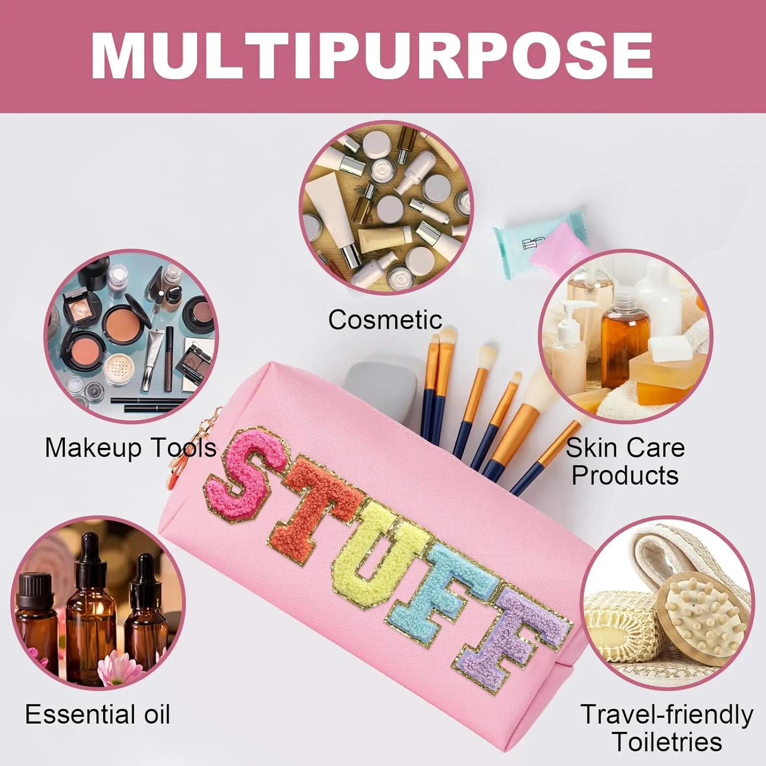 Preppy Patch Stuff Portable Makeup Bag Bulk Pu Leather Cosmetic Bag Waterproof Travel Organizer Zipper Pouch Storage Purse for Women Girls Gift (HZB-FS-CS-STUFF)