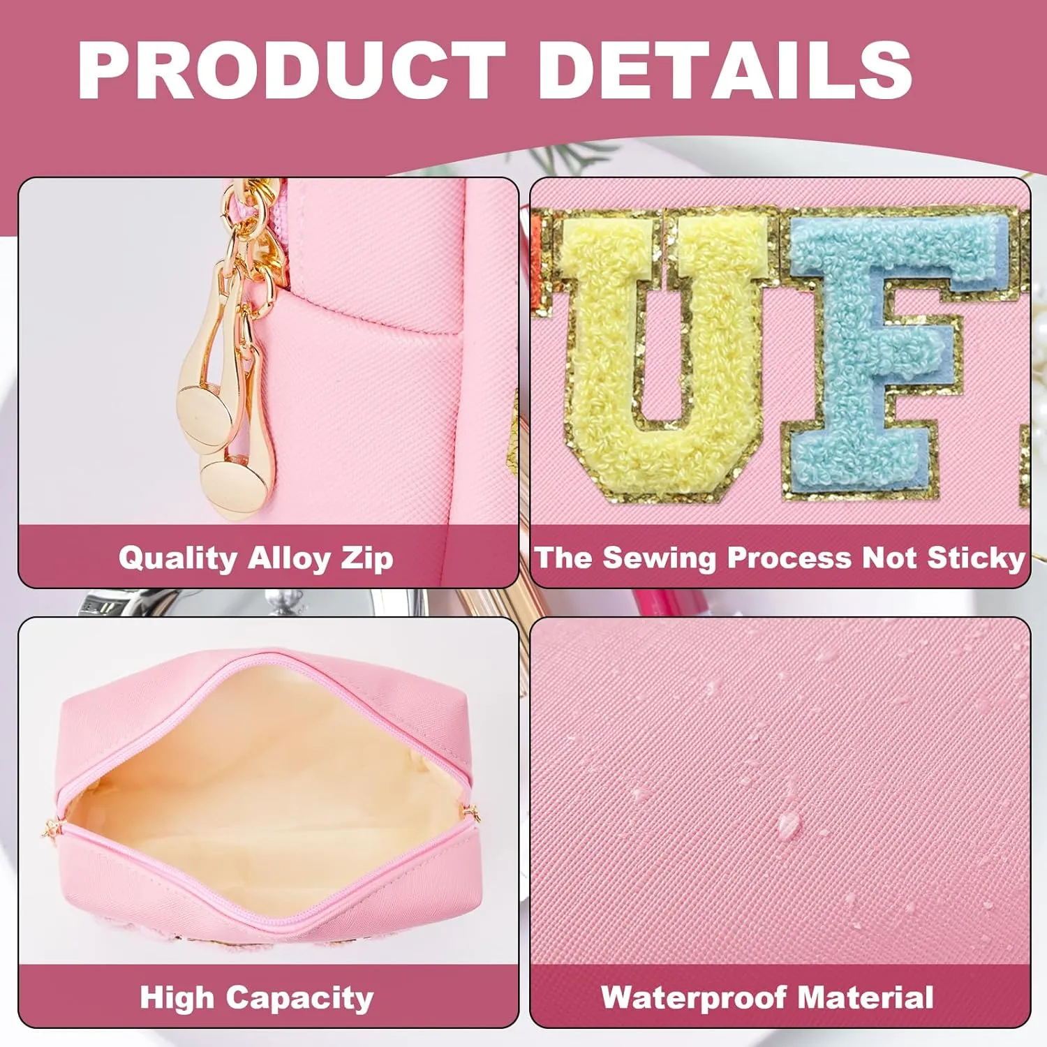 Preppy Patch Stuff Portable Makeup Bag Bulk Pu Leather Cosmetic Bag Waterproof Travel Organizer Zipper Pouch Storage Purse for Women Girls Gift (HZB-FS-CS-STUFF)