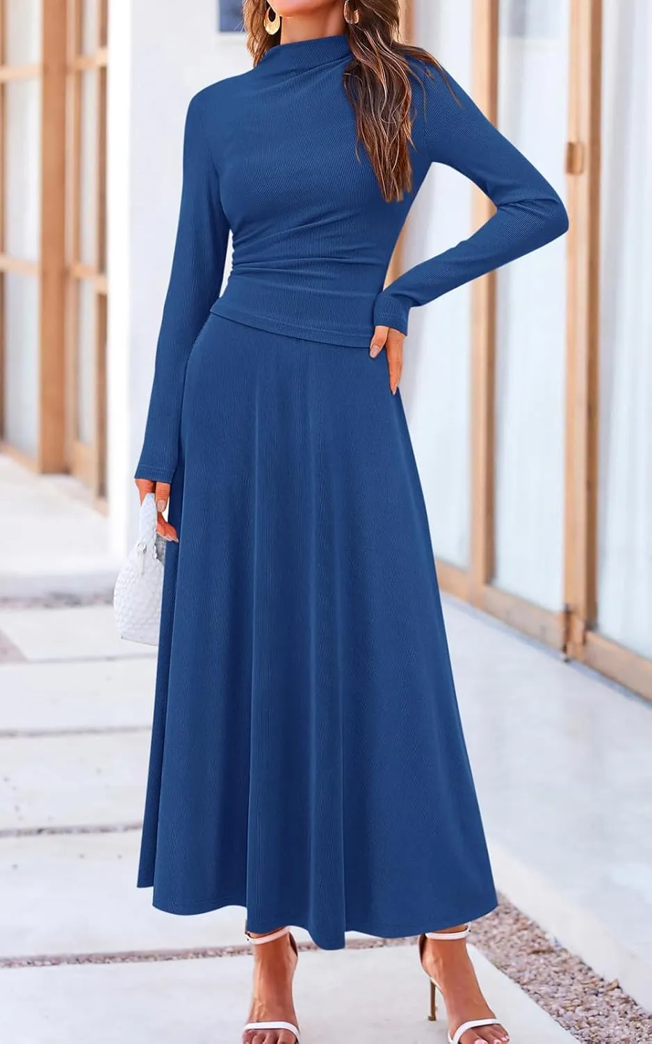 PRETTYGARDEN Long Sleeve Two Piece Skirt Sets Women 2 Piece Outfits Casual Ribbed Knit Mock Neck Ruched Top Swing Maxi Skirts