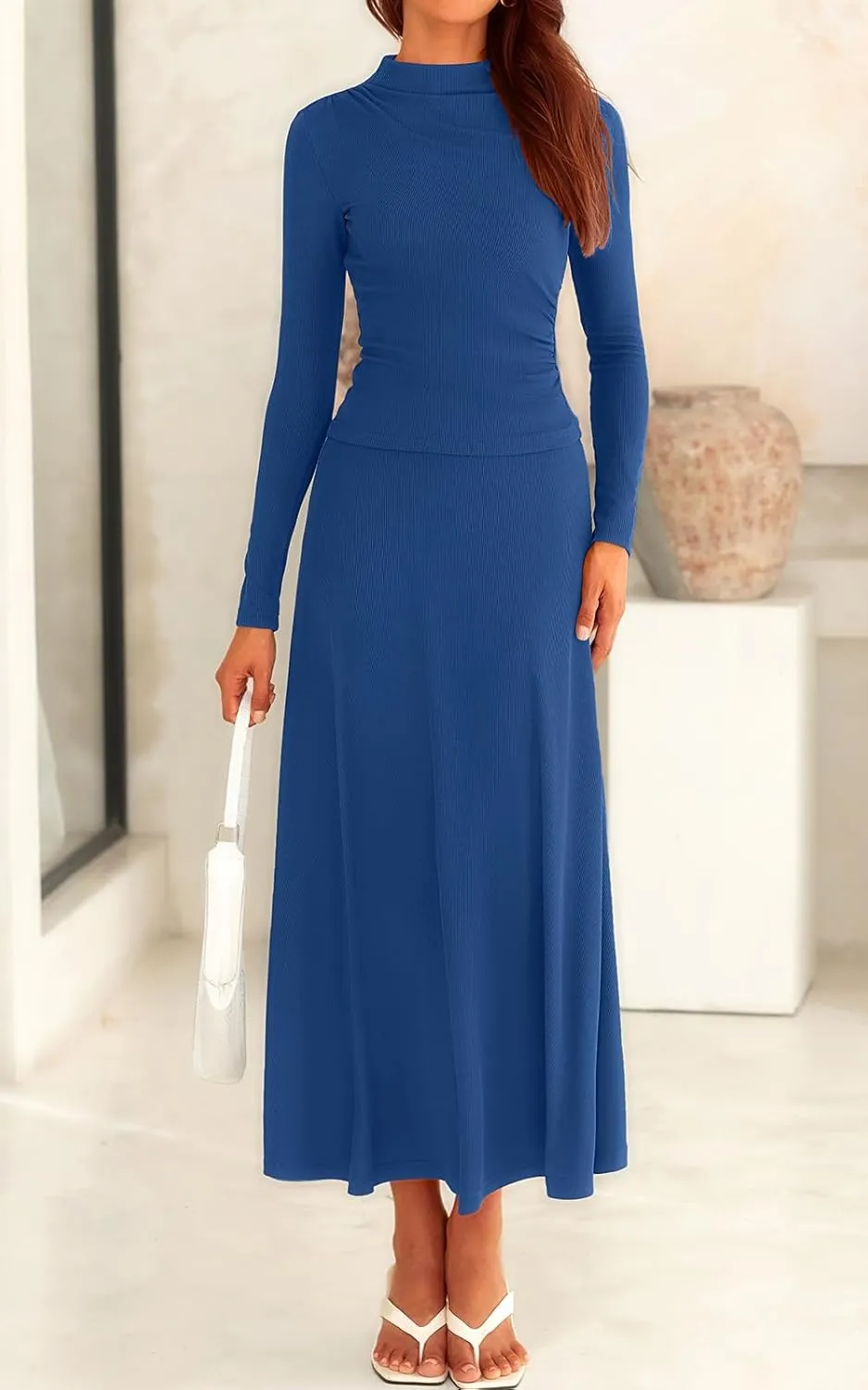PRETTYGARDEN Long Sleeve Two Piece Skirt Sets Women 2 Piece Outfits Casual Ribbed Knit Mock Neck Ruched Top Swing Maxi Skirts