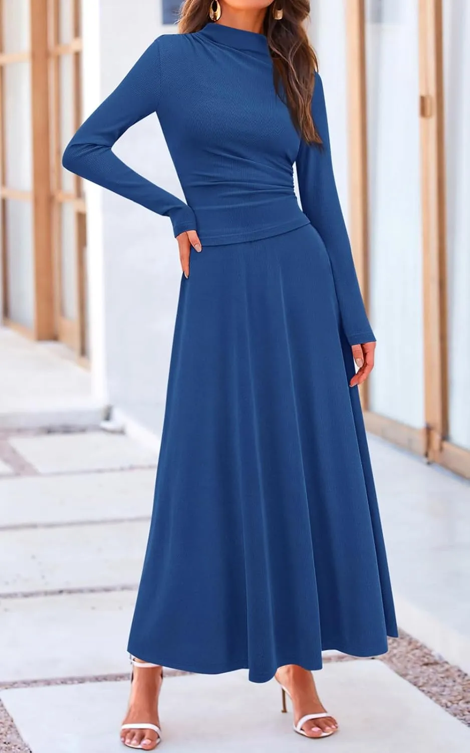 PRETTYGARDEN Long Sleeve Two Piece Skirt Sets Women 2 Piece Outfits Casual Ribbed Knit Mock Neck Ruched Top Swing Maxi Skirts