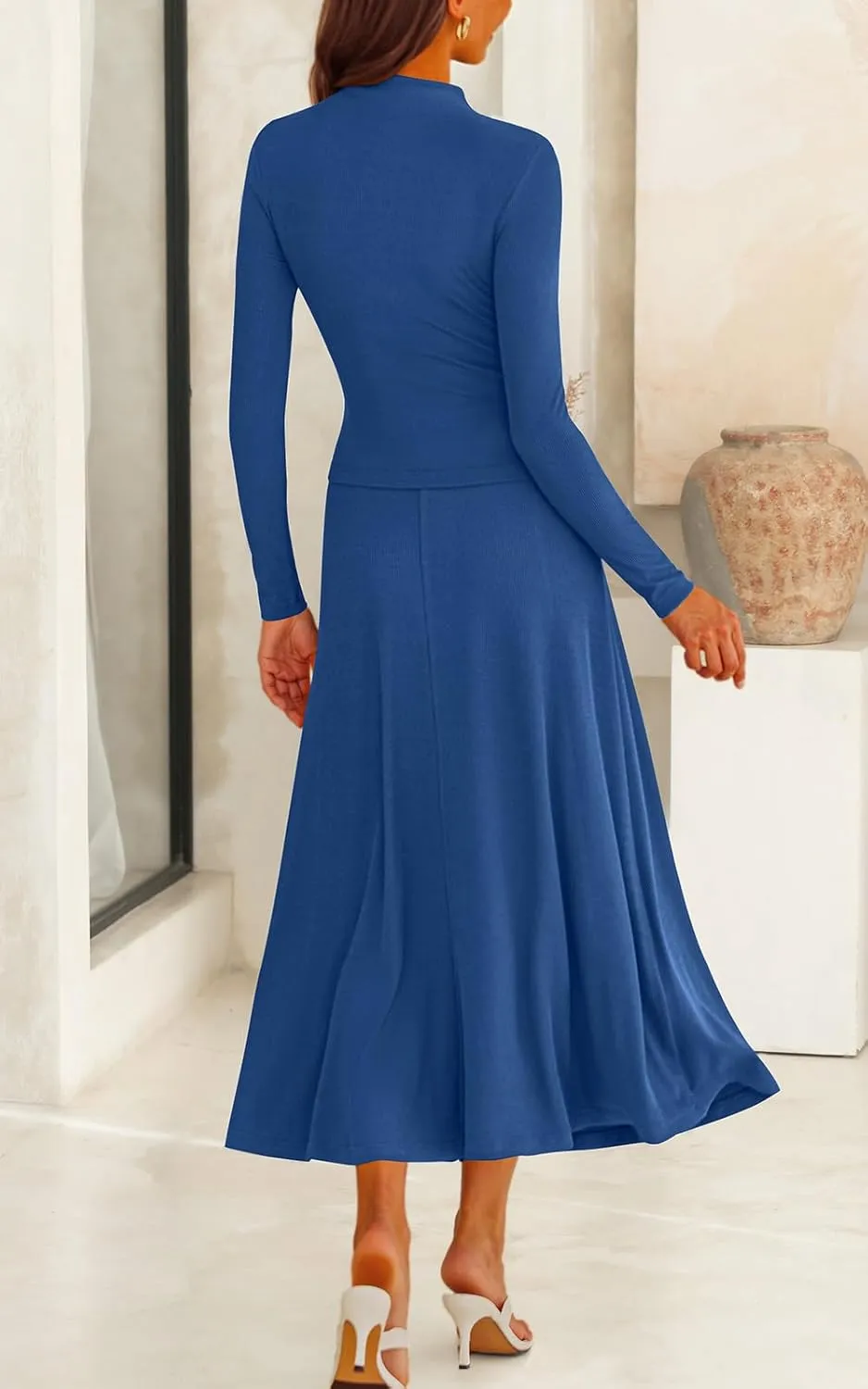 PRETTYGARDEN Long Sleeve Two Piece Skirt Sets Women 2 Piece Outfits Casual Ribbed Knit Mock Neck Ruched Top Swing Maxi Skirts