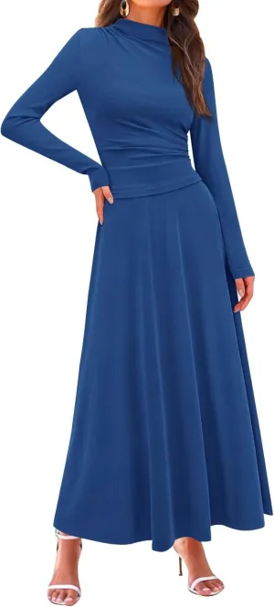 PRETTYGARDEN Long Sleeve Two Piece Skirt Sets Women 2 Piece Outfits Casual Ribbed Knit Mock Neck Ruched Top Swing Maxi Skirts