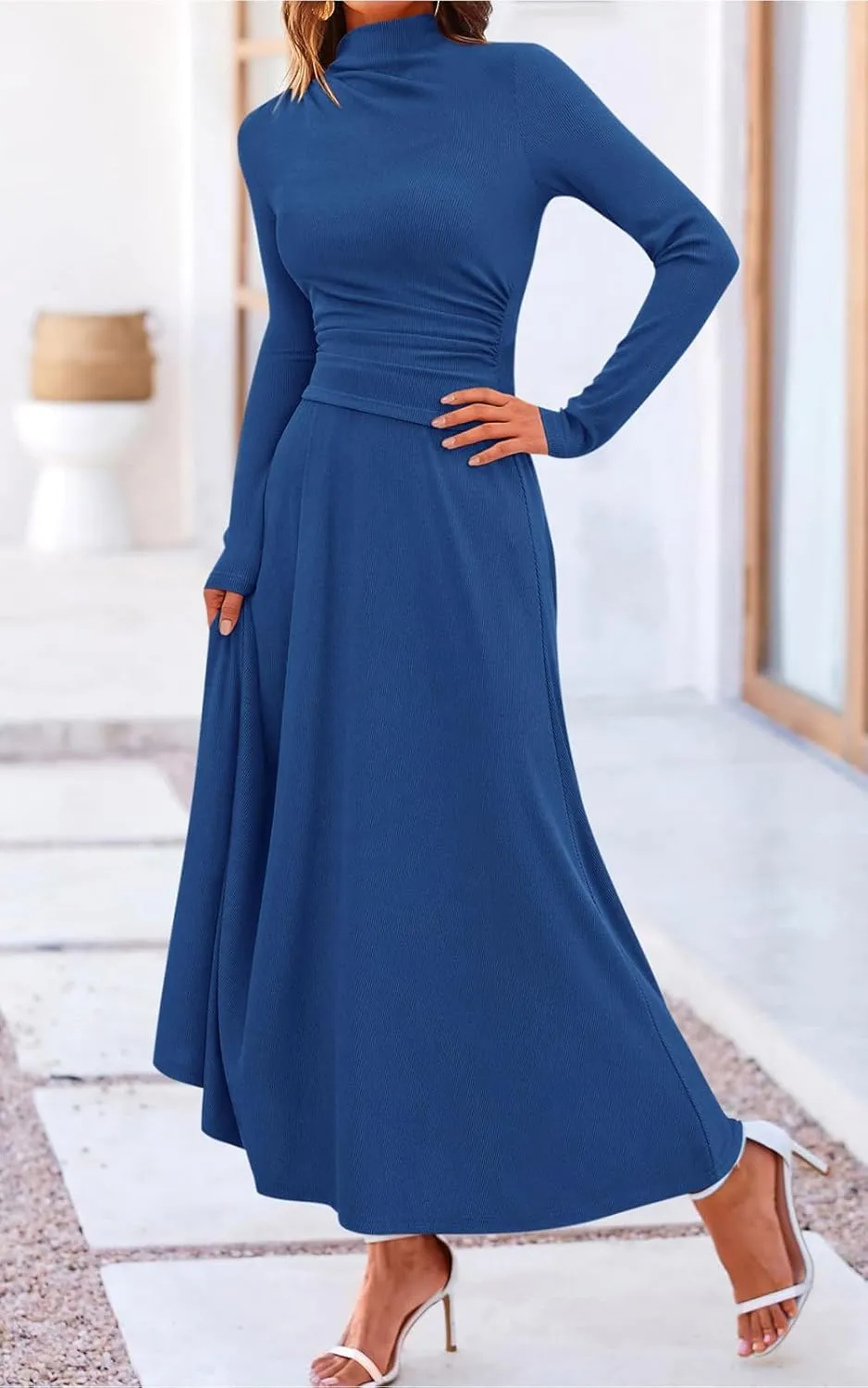 PRETTYGARDEN Long Sleeve Two Piece Skirt Sets Women 2 Piece Outfits Casual Ribbed Knit Mock Neck Ruched Top Swing Maxi Skirts