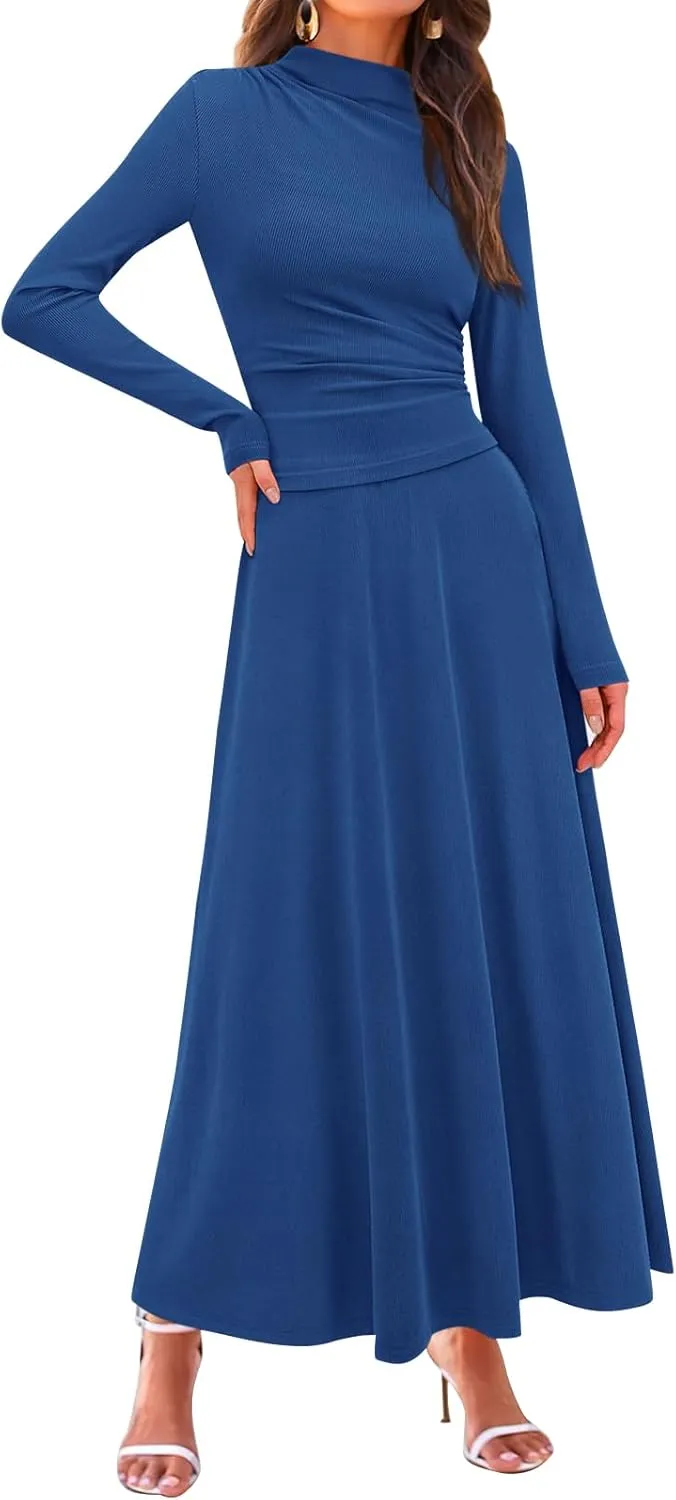 PRETTYGARDEN Long Sleeve Two Piece Skirt Sets Women 2 Piece Outfits Casual Ribbed Knit Mock Neck Ruched Top Swing Maxi Skirts