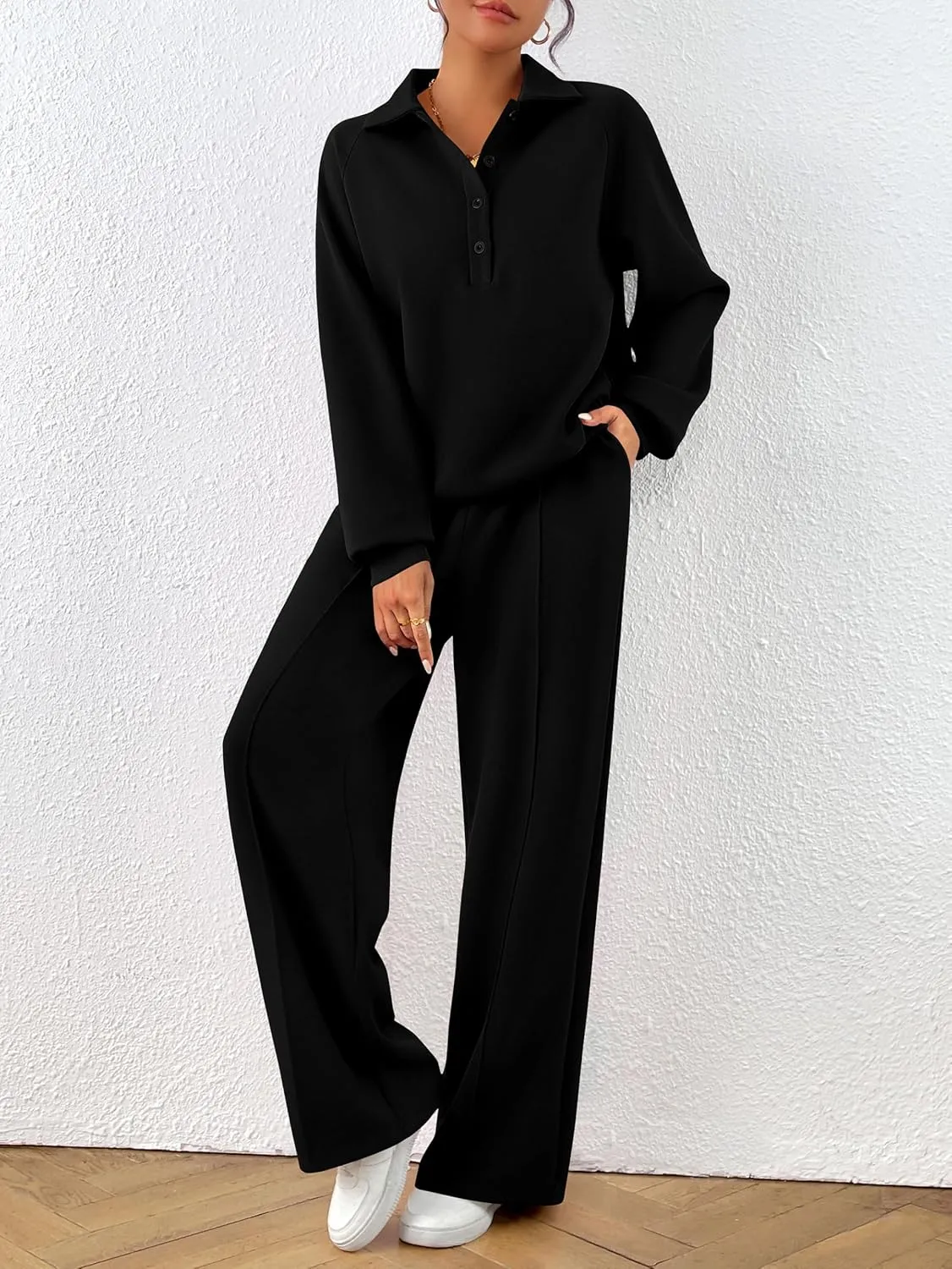 PRETTYGARDEN Women Fall 2 Piece Outfits Sweatsuits Quarter Button Long Sleeve Sweatshirt Wide Leg Pants Tracksuit Lounge Sets