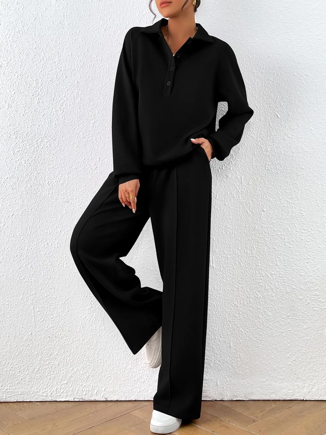 PRETTYGARDEN Women Fall 2 Piece Outfits Sweatsuits Quarter Button Long Sleeve Sweatshirt Wide Leg Pants Tracksuit Lounge Sets