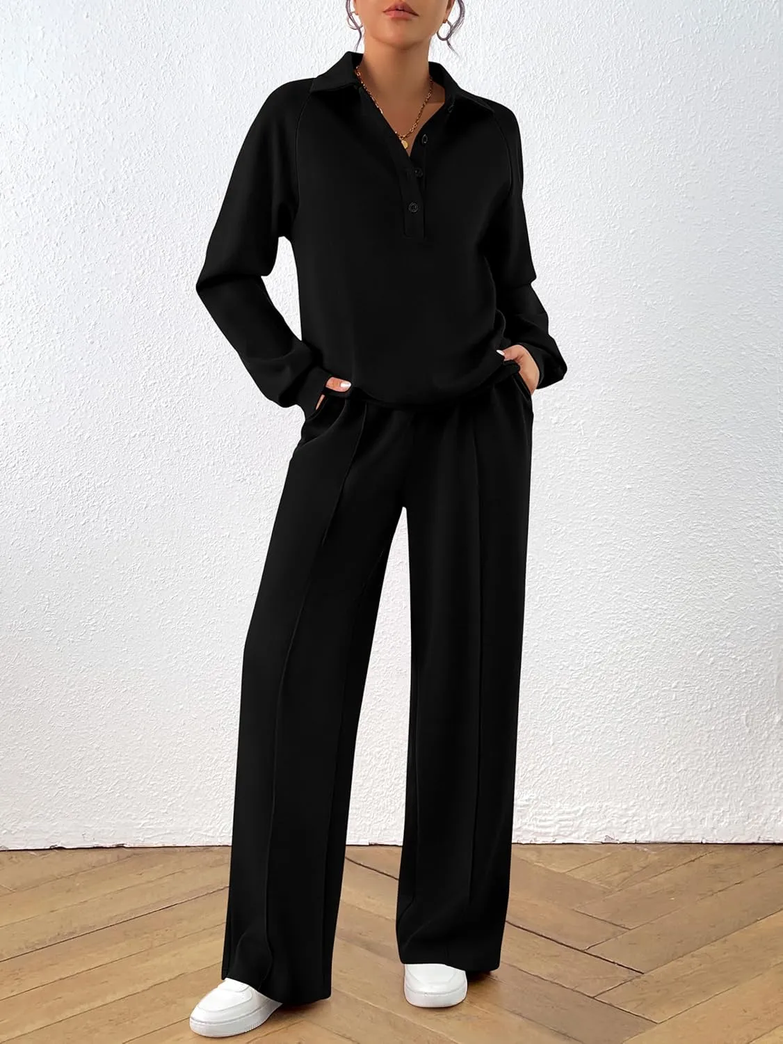 PRETTYGARDEN Women Fall 2 Piece Outfits Sweatsuits Quarter Button Long Sleeve Sweatshirt Wide Leg Pants Tracksuit Lounge Sets