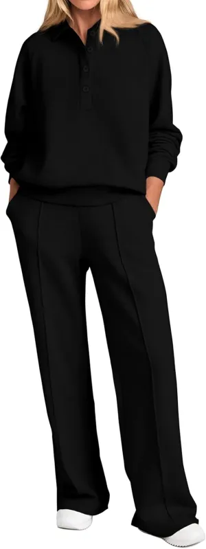 PRETTYGARDEN Women Fall 2 Piece Outfits Sweatsuits Quarter Button Long Sleeve Sweatshirt Wide Leg Pants Tracksuit Lounge Sets