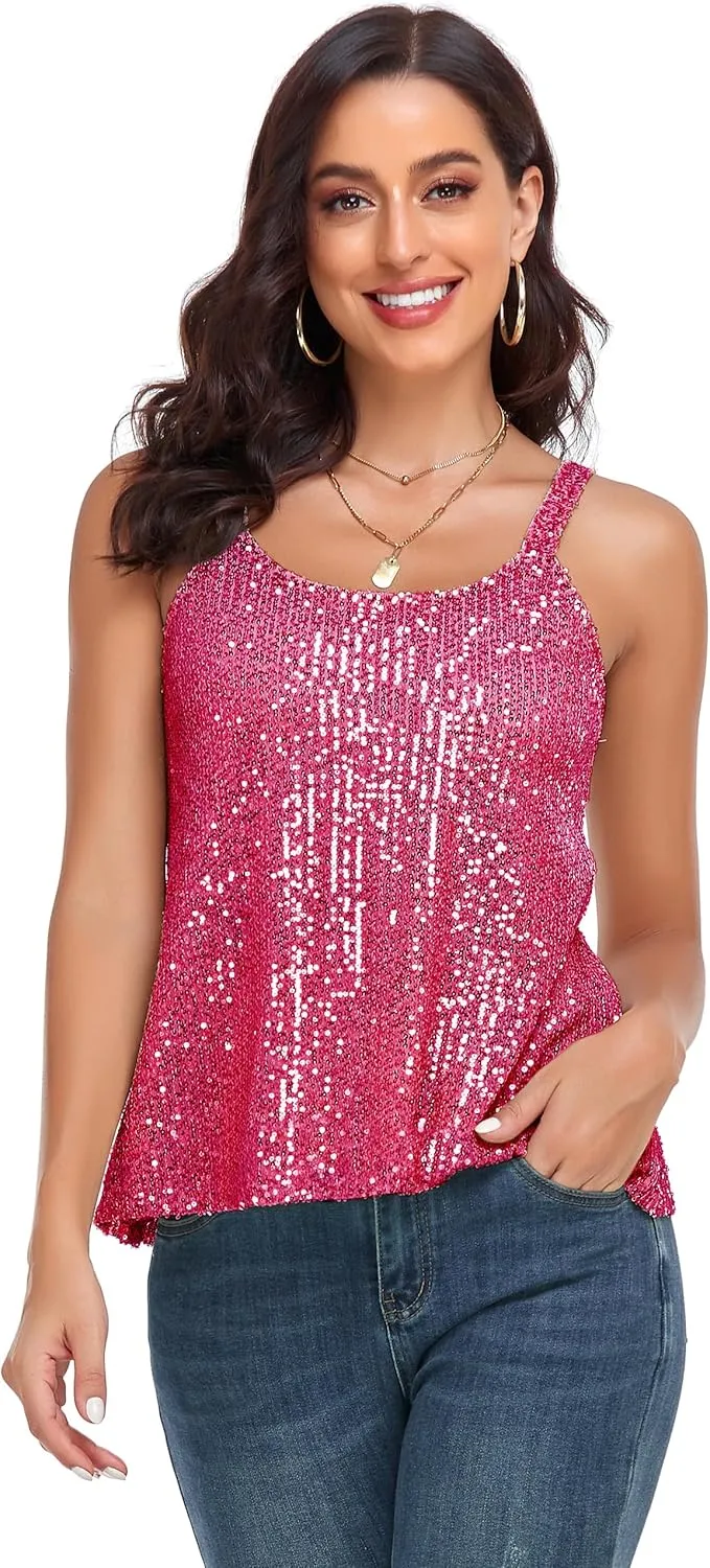 PrettyGuide Women's All Sequin Tank Tops Loose Flowy Sparkly Camisole Vest Club Party Shirt Top