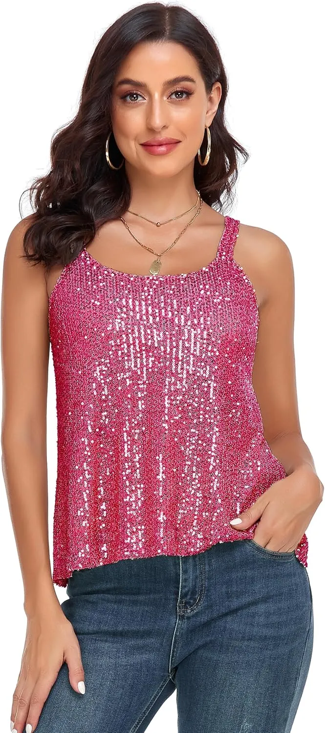 PrettyGuide Women's All Sequin Tank Tops Loose Flowy Sparkly Camisole Vest Club Party Shirt Top