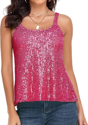 PrettyGuide Women's All Sequin Tank Tops Loose Flowy Sparkly Camisole Vest Club Party Shirt Top