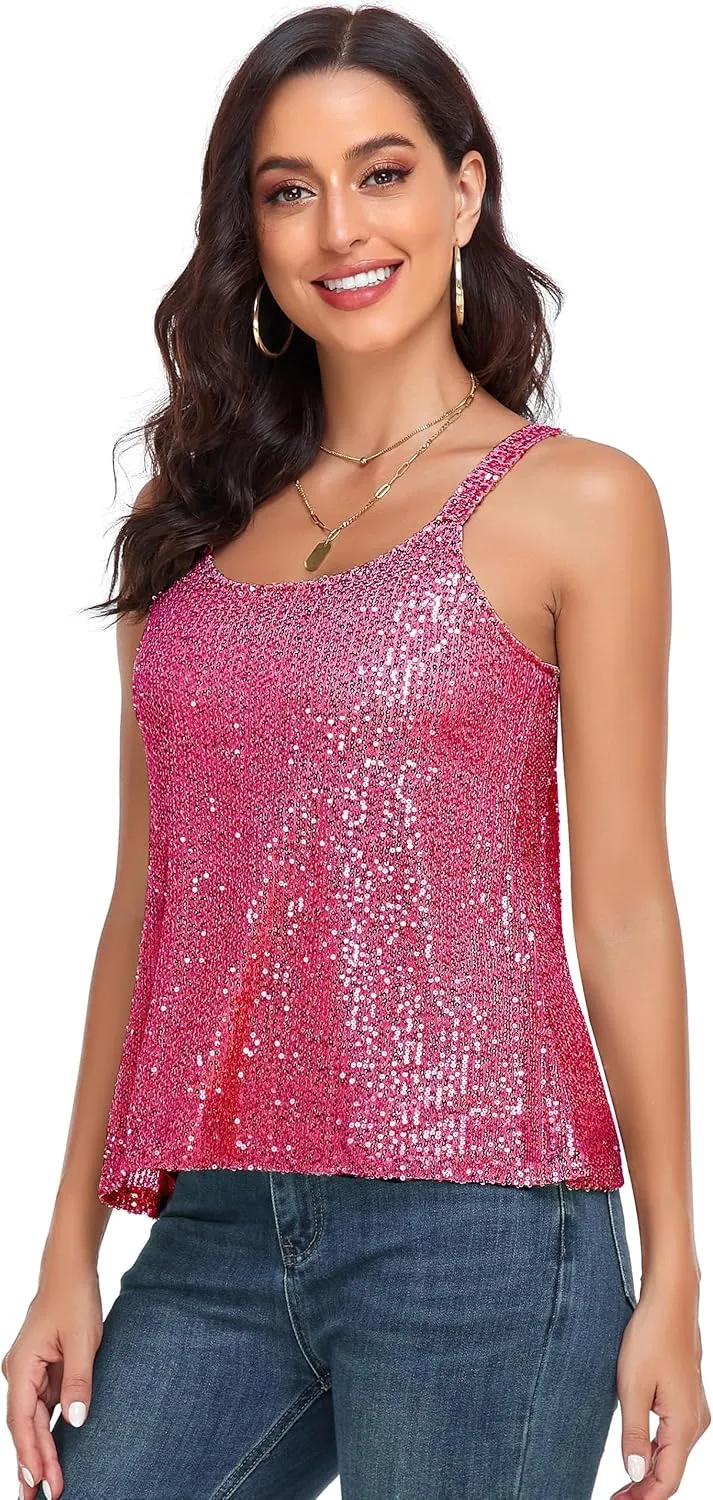 PrettyGuide Women's All Sequin Tank Tops Loose Flowy Sparkly Camisole Vest Club Party Shirt Top