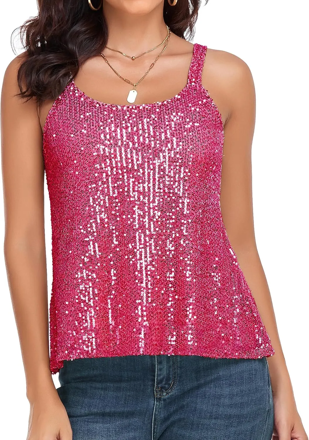 PrettyGuide Women's All Sequin Tank Tops Loose Flowy Sparkly Camisole Vest Club Party Shirt Top