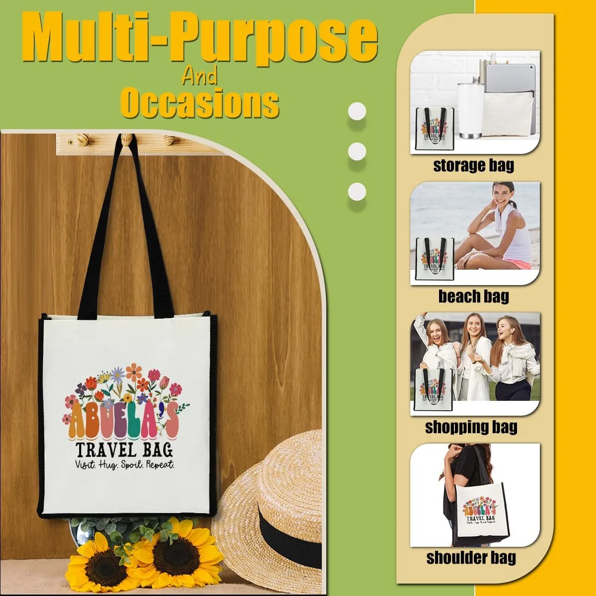 QIONGQI Grandma Nana Granny Grammy Aunt Mom Mommy Mother in Law Godmother Floral Canvas Tote Beach Bag Grocery Shopping Bags