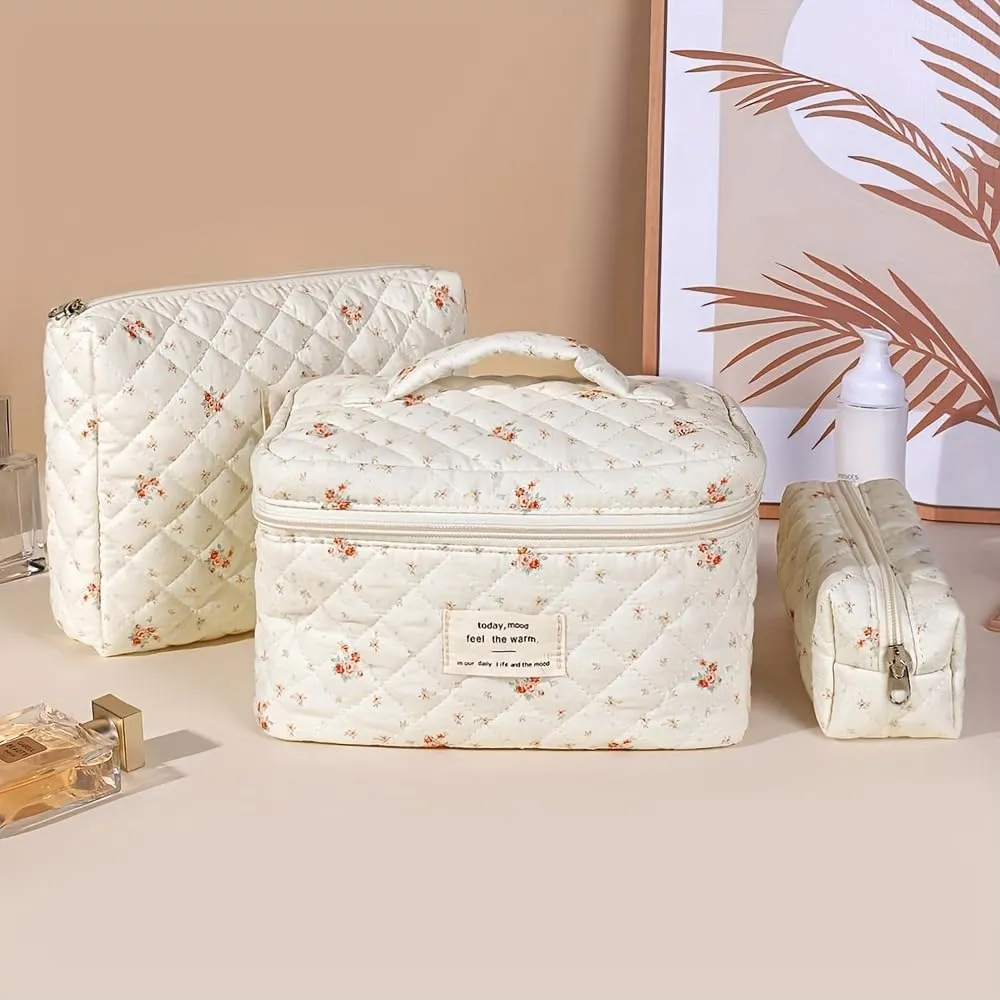 Quilted Cosmetic Bag Set, 3 PCS Cotton Floral Makeup Bags, Makeup Bag Set, Flower Travel Toiletry Organizer Bag, Coquette Makeup Pouch, Large Make Up Bag for Women (Small Flowers)