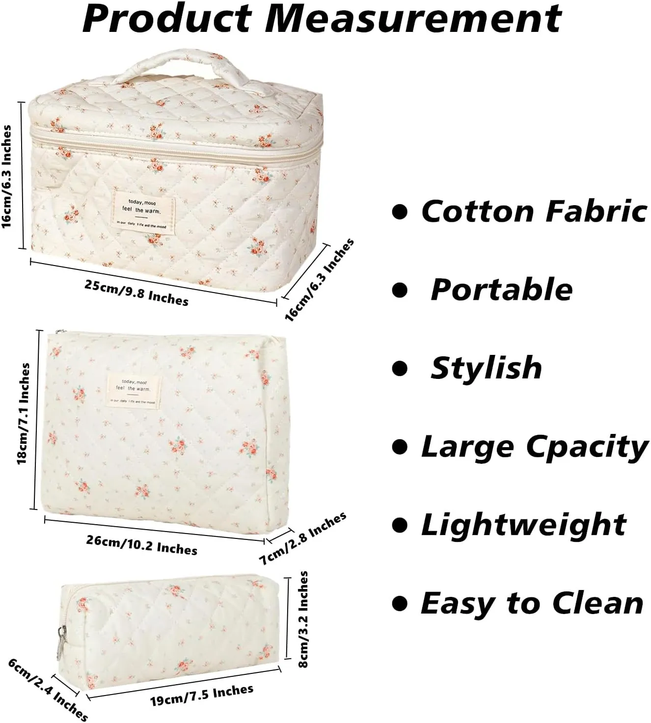 Quilted Cosmetic Bag Set, 3 PCS Cotton Floral Makeup Bags, Makeup Bag Set, Flower Travel Toiletry Organizer Bag, Coquette Makeup Pouch, Large Make Up Bag for Women (Small Flowers)