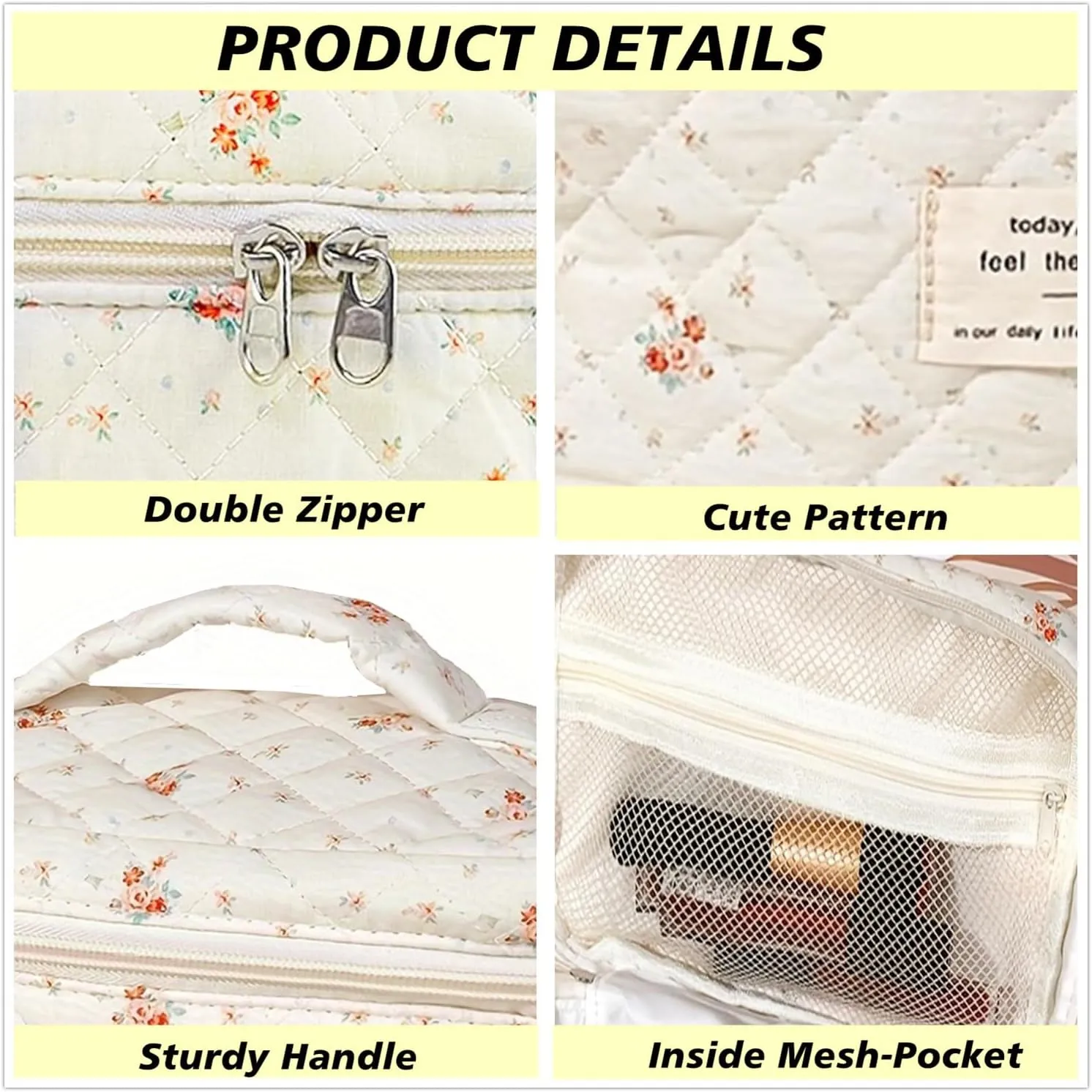 Quilted Cosmetic Bag Set, 3 PCS Cotton Floral Makeup Bags, Makeup Bag Set, Flower Travel Toiletry Organizer Bag, Coquette Makeup Pouch, Large Make Up Bag for Women (Small Flowers)