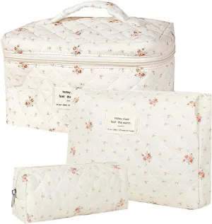 Quilted Cosmetic Bag Set, 3 PCS Cotton Floral Makeup Bags, Makeup Bag Set, Flower Travel Toiletry Organizer Bag, Coquette Makeup Pouch, Large Make Up Bag for Women (Small Flowers)