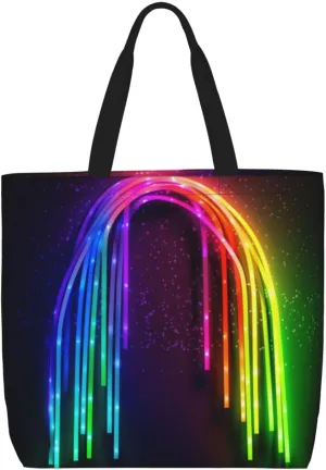 Rainbow Neon Tote Bag for Women Hobo Handbags with Zipper Large Shoulder Bag Shopping Bags Travel Purse
