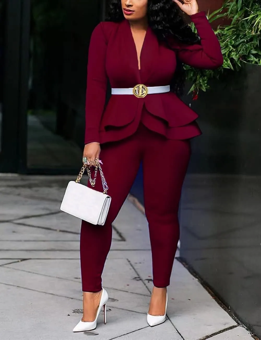 Remelon Women's Suit Sets 2 Piece Sets Sexy V Neck Business Casual Blazer Suit Pants Sets