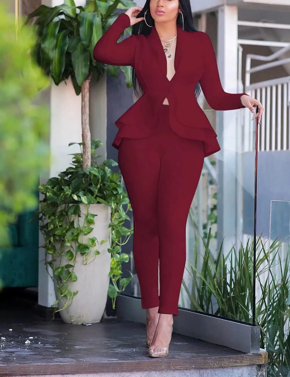 Remelon Women's Suit Sets 2 Piece Sets Sexy V Neck Business Casual Blazer Suit Pants Sets