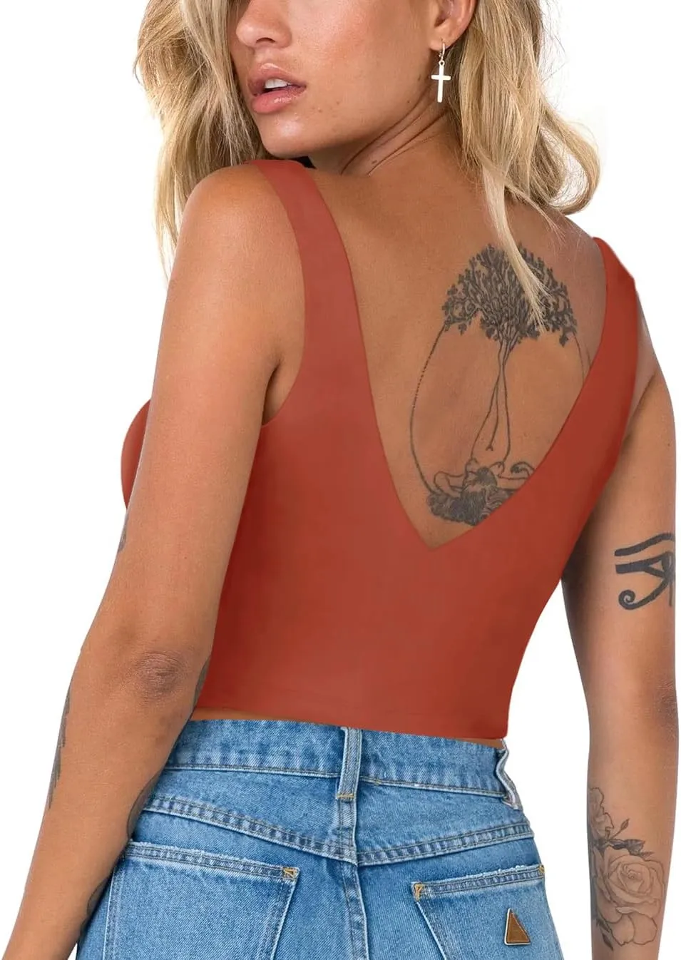 REORIA Butsmooth Womens Trendy Sexy Plunge Deep V Neck Sleeveless V Backless Slim Fit Going Out Crop Tank Tops