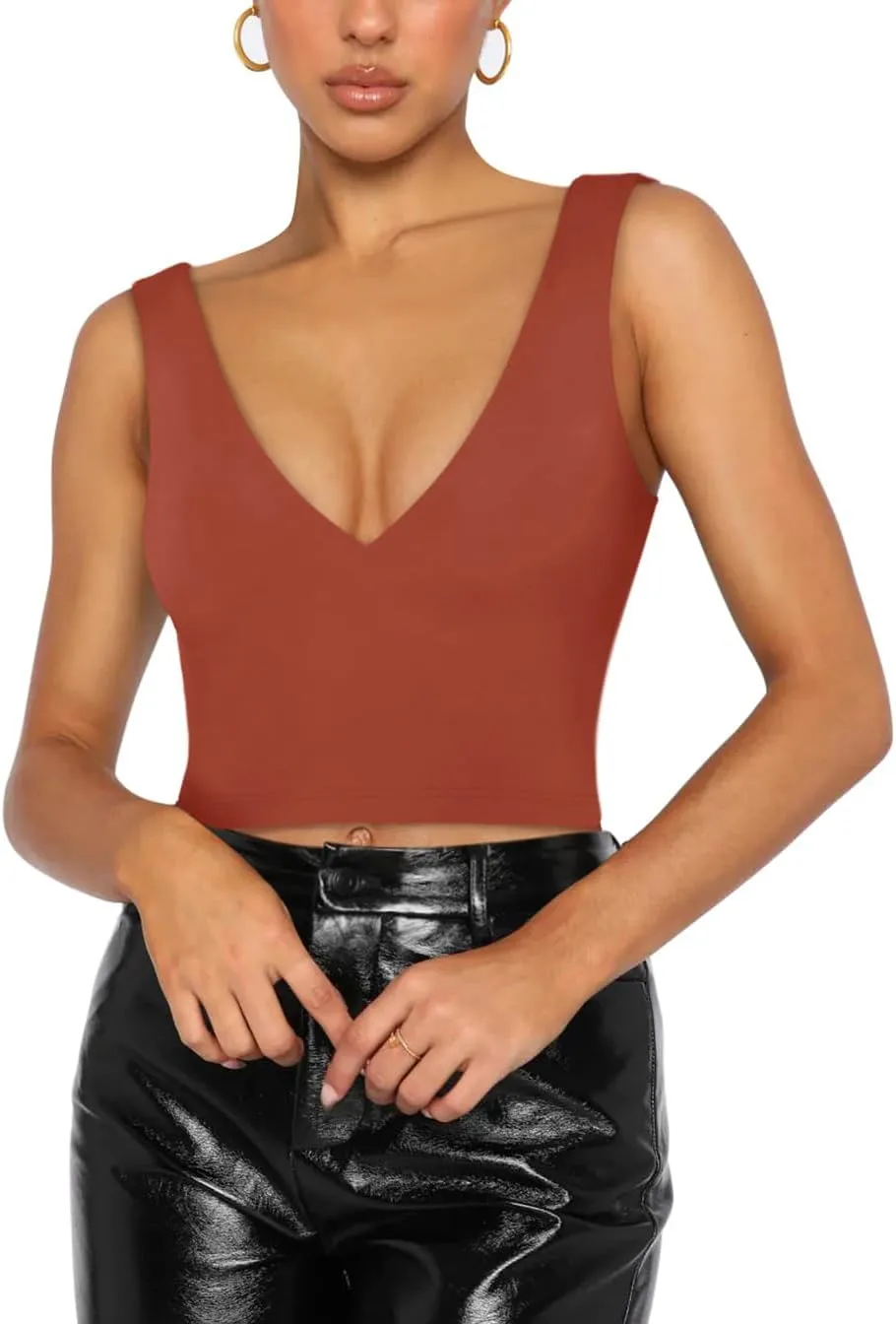 REORIA Butsmooth Womens Trendy Sexy Plunge Deep V Neck Sleeveless V Backless Slim Fit Going Out Crop Tank Tops