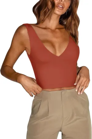 REORIA Butsmooth Womens Trendy Sexy Plunge Deep V Neck Sleeveless V Backless Slim Fit Going Out Crop Tank Tops