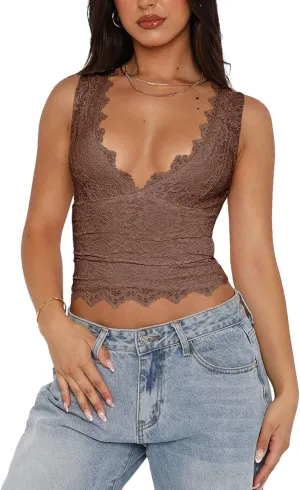 REORIA Womens Sexy V-Neck Sleeveless Double Lined Going Out Y2K Trendy Lace Cropped Tank Tops