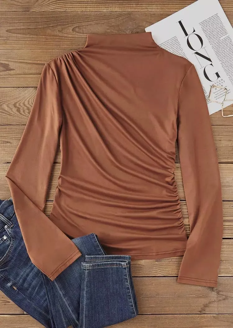 Ruched Mock Neck Long Sleeve Blouse for Womens Plain Ruched Slim Fit T-Shirts Tops Cute Casual Elegant Fall Blouse Tops