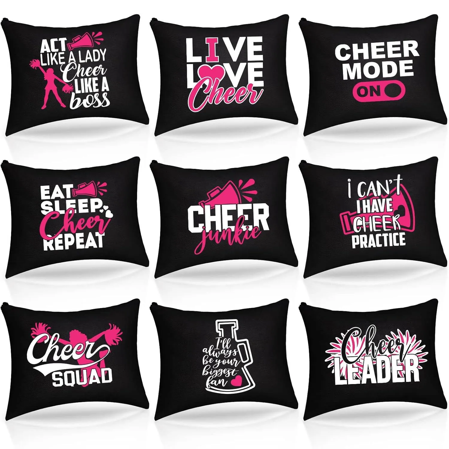 Saintrygo 9 Pieces Cheer Makeup Canvas Bag Cosmetic for Cheerleaders Gifts Cheer Portable Bag Toiletry Makeup Case Gift Zipper Pouches for Teammates Girls(Black)