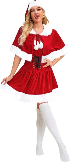 Santa Claus Costume for Women 3PCS Adult Christmas Mrs Santa Clause Off Shoulder Dress Plus Size with Cloak Cape