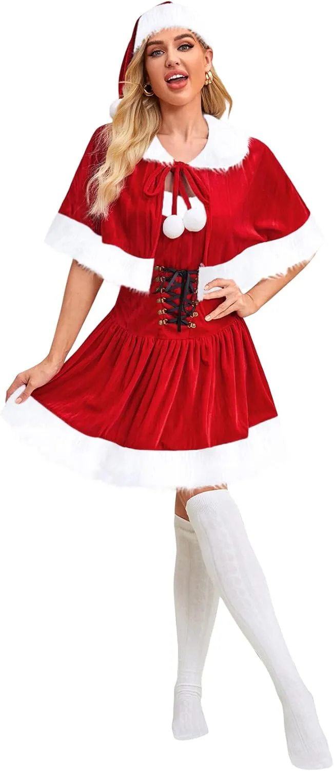 Santa Claus Costume for Women 3PCS Adult Christmas Mrs Santa Clause Off Shoulder Dress Plus Size with Cloak Cape