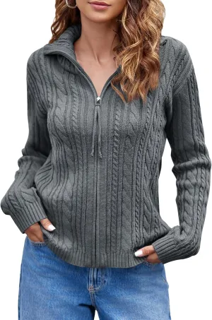 Saodimallsu Womens Cable Knit Cardigan Zip Up Collared Long Sleeve Vintage Sweater Loose Open Front Coats
