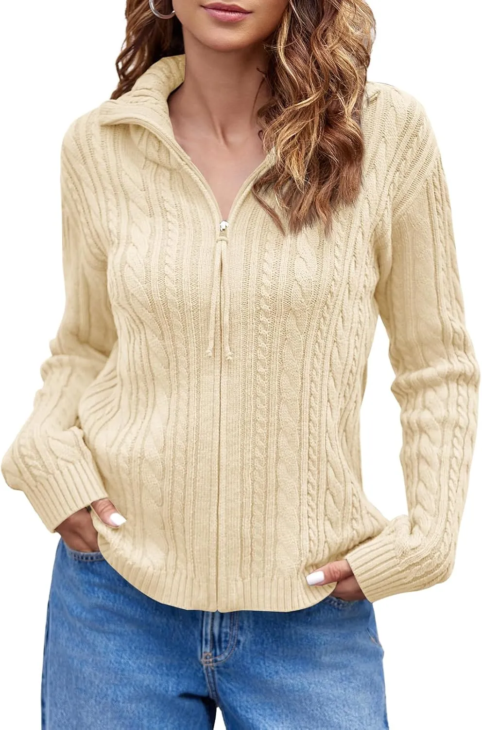 Saodimallsu Womens Cable Knit Cardigan Zip Up Collared Long Sleeve Vintage Sweater Loose Open Front Coats