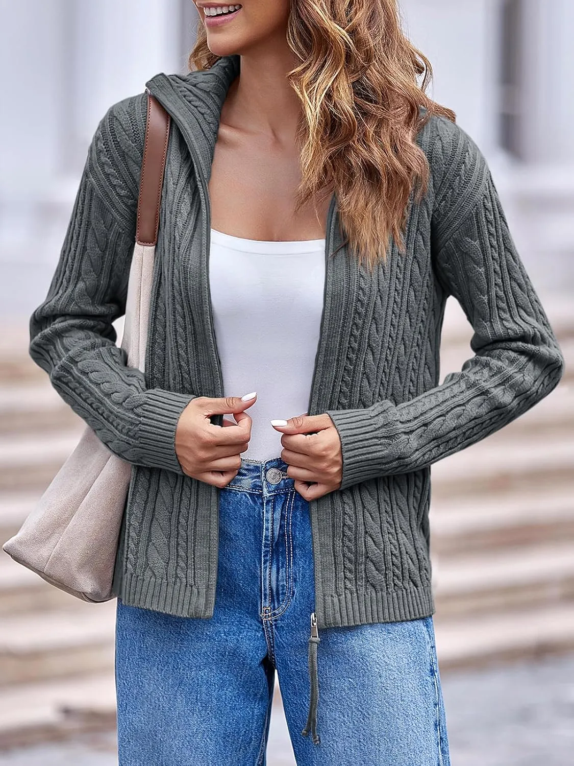 Saodimallsu Womens Cable Knit Cardigan Zip Up Collared Long Sleeve Vintage Sweater Loose Open Front Coats
