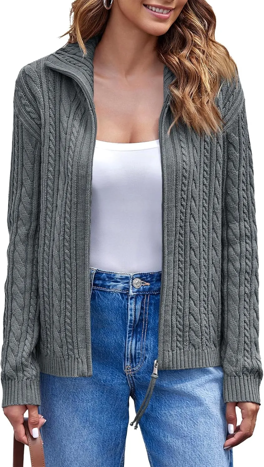 Saodimallsu Womens Cable Knit Cardigan Zip Up Collared Long Sleeve Vintage Sweater Loose Open Front Coats