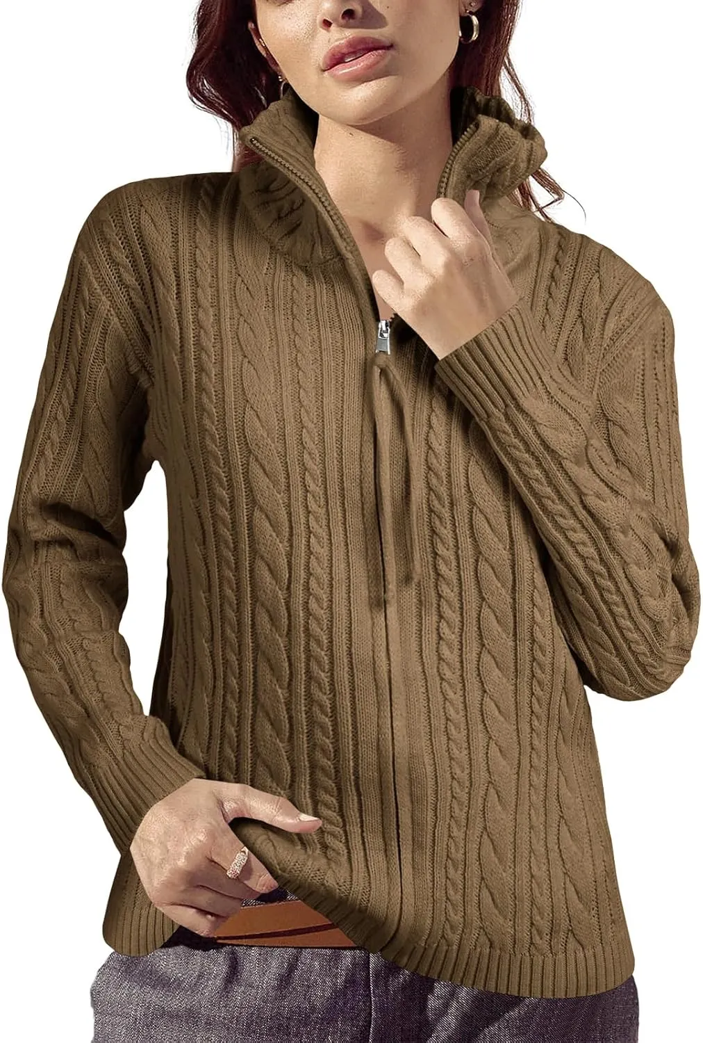 Saodimallsu Womens Cable Knit Cardigan Zip Up Collared Long Sleeve Vintage Sweater Loose Open Front Coats
