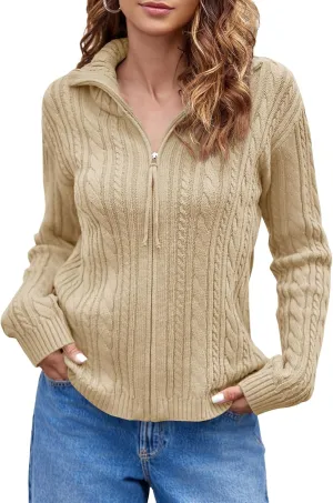 Saodimallsu Womens Cable Knit Cardigan Zip Up Collared Long Sleeve Vintage Sweater Loose Open Front Coats