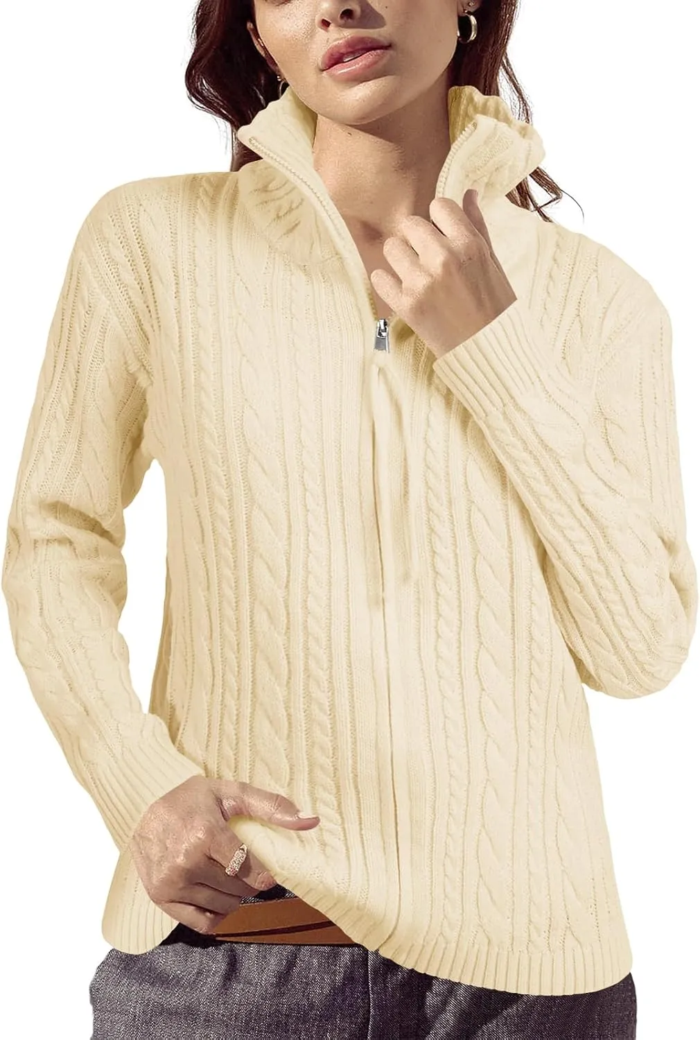 Saodimallsu Womens Cable Knit Cardigan Zip Up Collared Long Sleeve Vintage Sweater Loose Open Front Coats