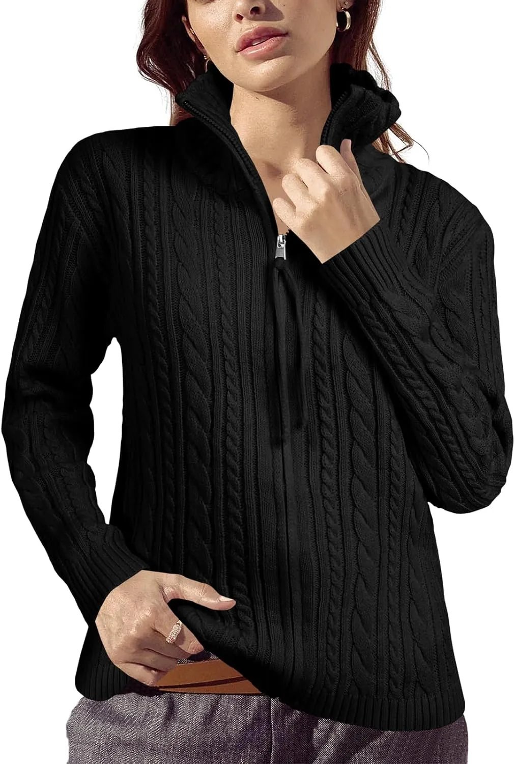 Saodimallsu Womens Cable Knit Cardigan Zip Up Collared Long Sleeve Vintage Sweater Loose Open Front Coats