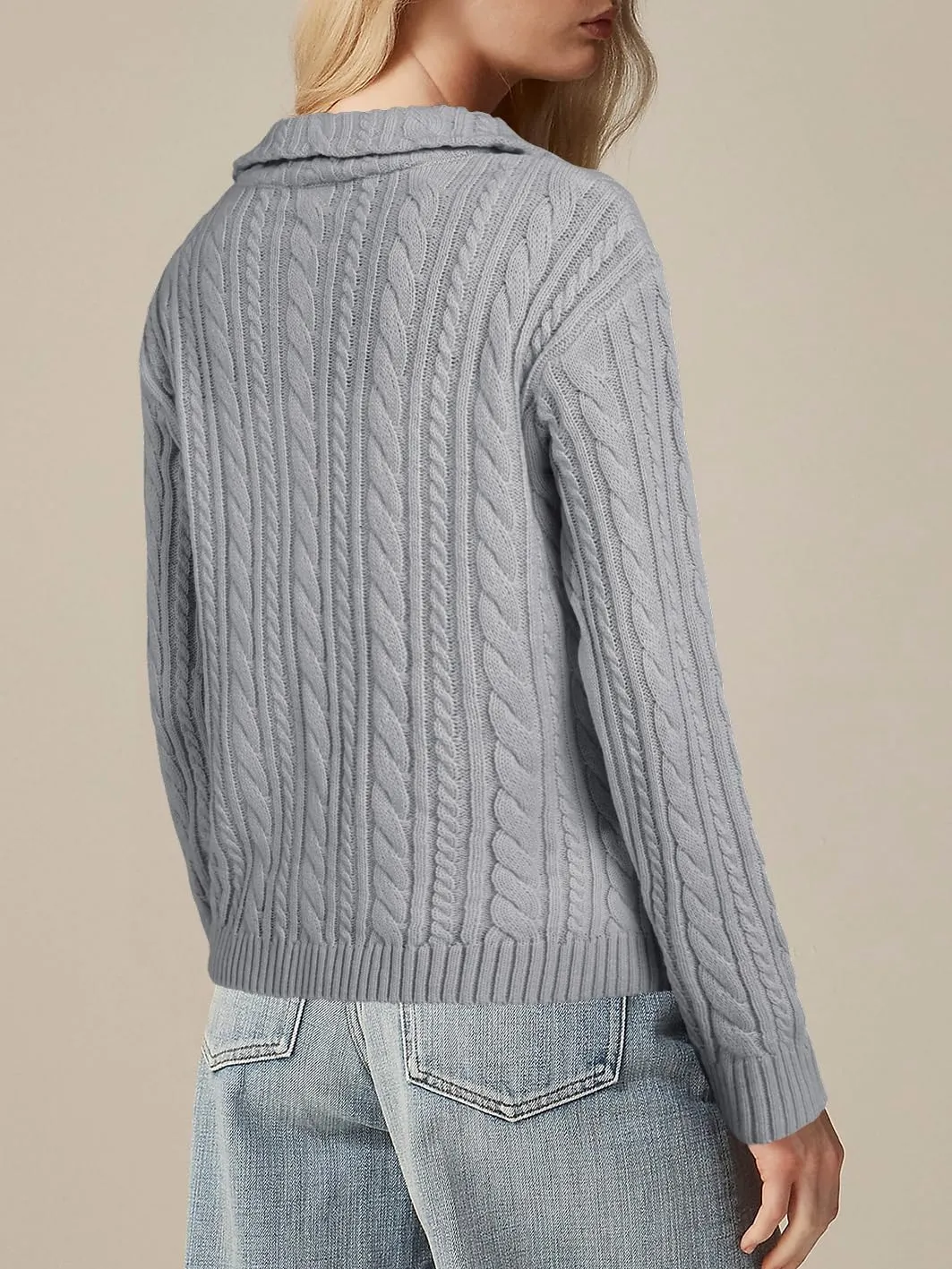Saodimallsu Womens Cable Knit Cardigan Zip Up Collared Long Sleeve Vintage Sweater Loose Open Front Coats