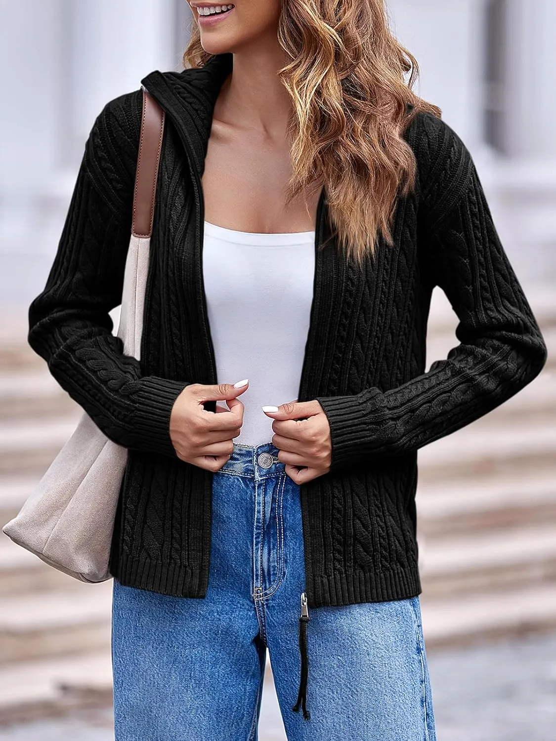 Saodimallsu Womens Cable Knit Cardigan Zip Up Collared Long Sleeve Vintage Sweater Loose Open Front Coats