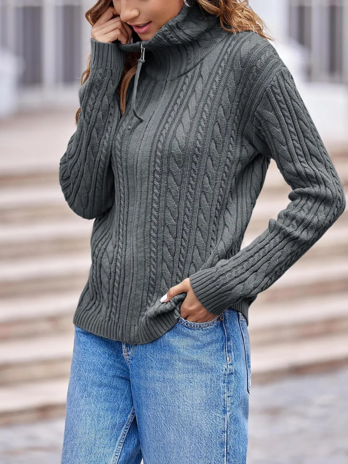 Saodimallsu Womens Cable Knit Cardigan Zip Up Collared Long Sleeve Vintage Sweater Loose Open Front Coats