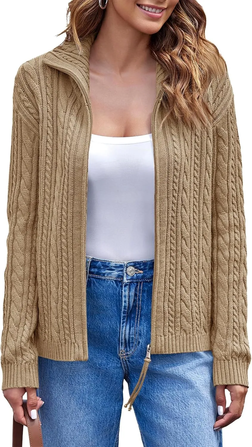 Saodimallsu Womens Cable Knit Cardigan Zip Up Collared Long Sleeve Vintage Sweater Loose Open Front Coats