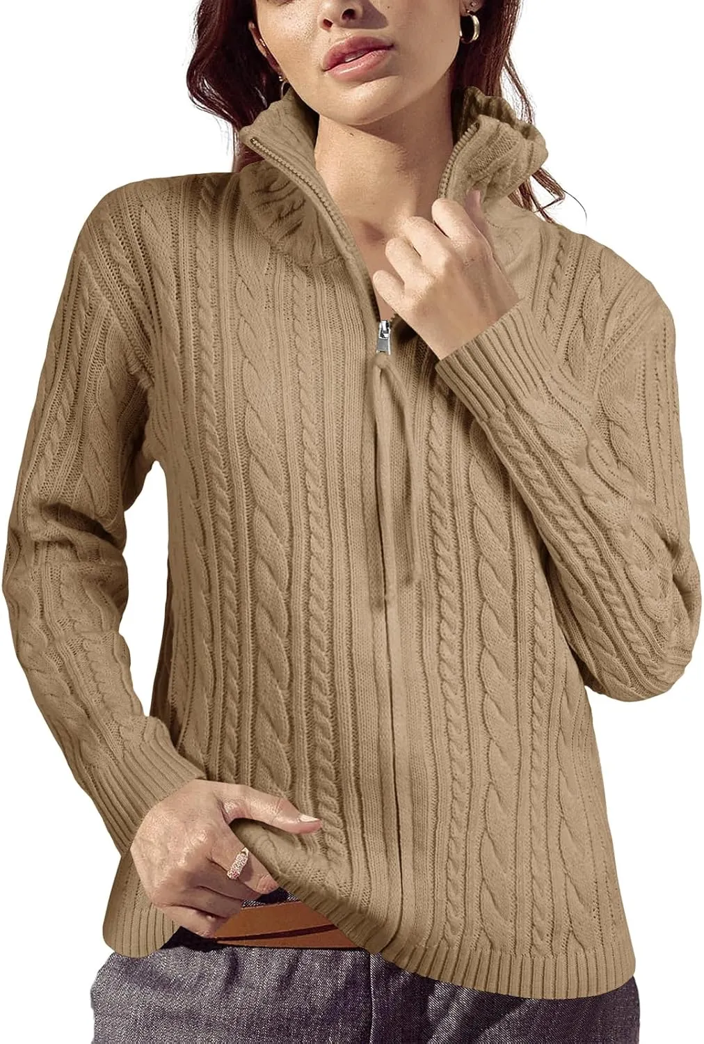 Saodimallsu Womens Cable Knit Cardigan Zip Up Collared Long Sleeve Vintage Sweater Loose Open Front Coats