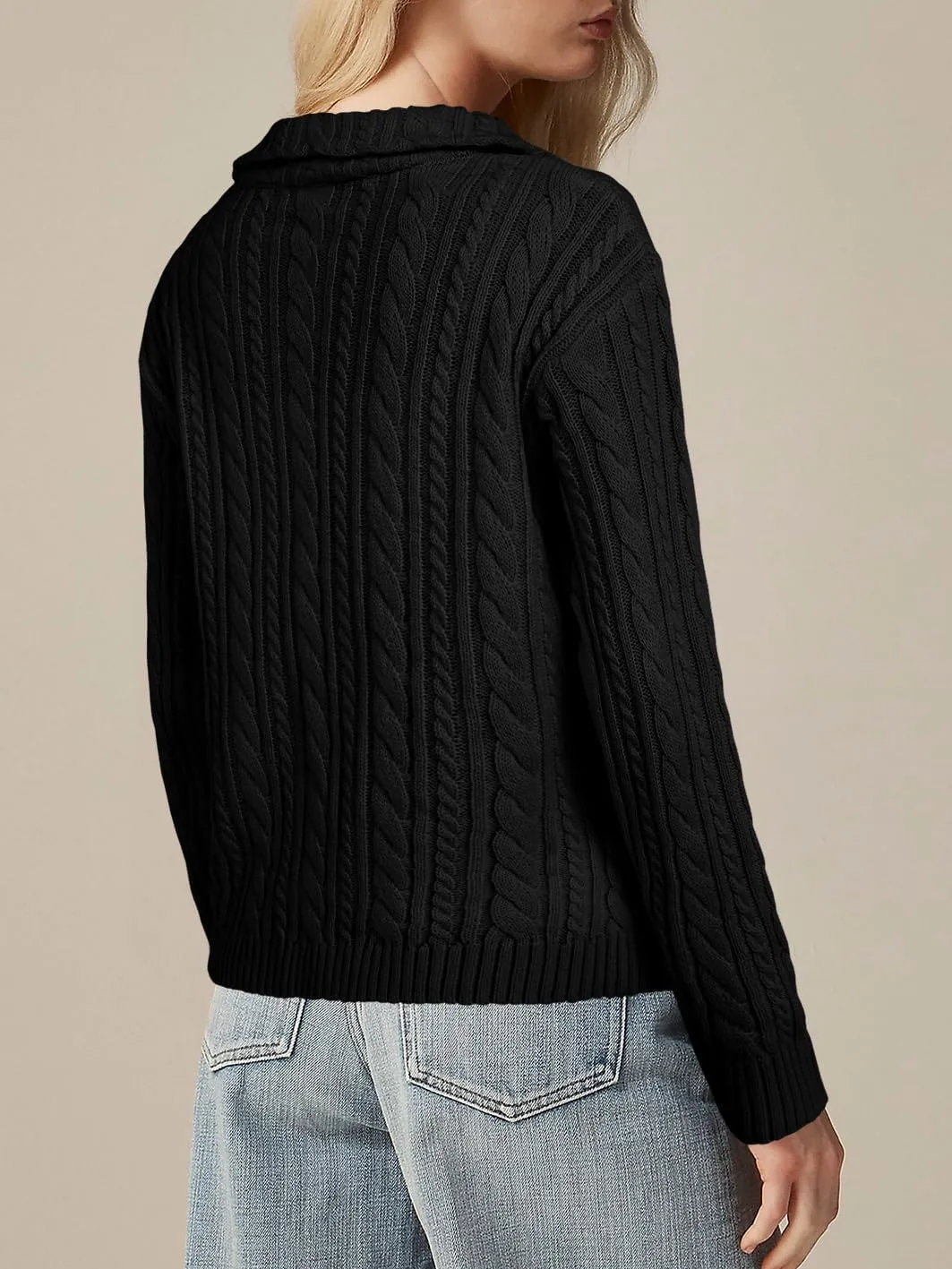 Saodimallsu Womens Cable Knit Cardigan Zip Up Collared Long Sleeve Vintage Sweater Loose Open Front Coats