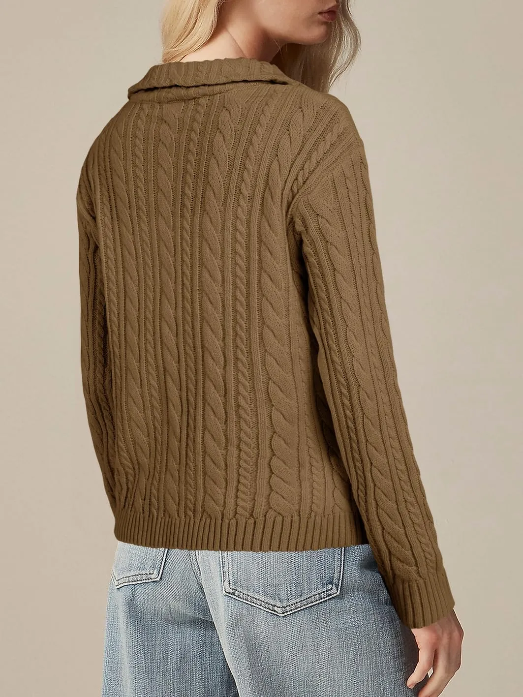 Saodimallsu Womens Cable Knit Cardigan Zip Up Collared Long Sleeve Vintage Sweater Loose Open Front Coats