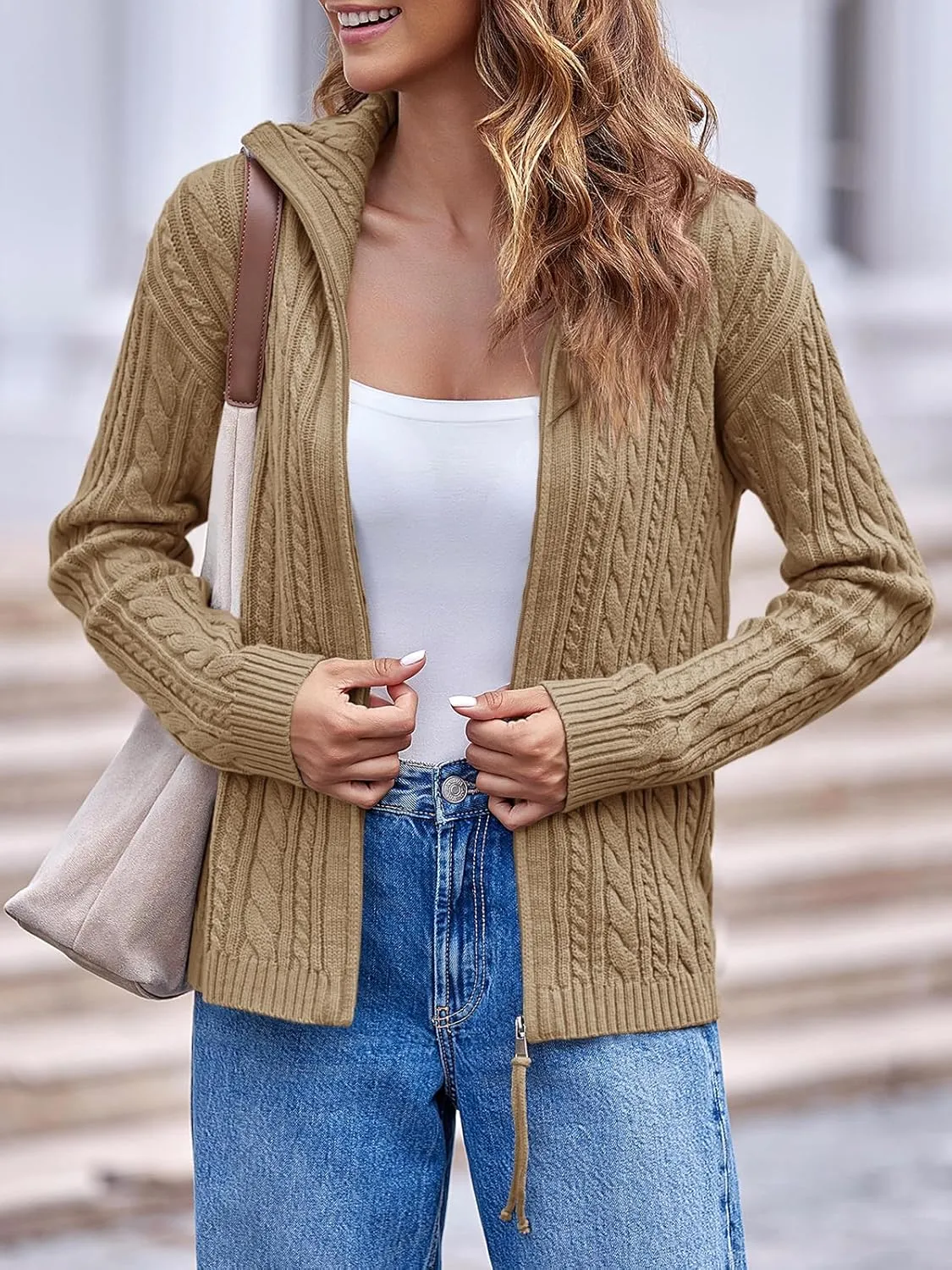 Saodimallsu Womens Cable Knit Cardigan Zip Up Collared Long Sleeve Vintage Sweater Loose Open Front Coats